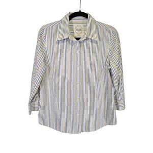Izod Shirt White Blue Striped Button Up Long Sleeve Collard Cotton Women's Top L